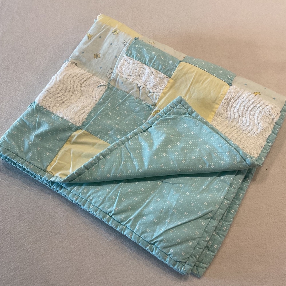 Handmade Patchwork Baby Quilt Green Yellow White Chenille Hand Tied 34x38